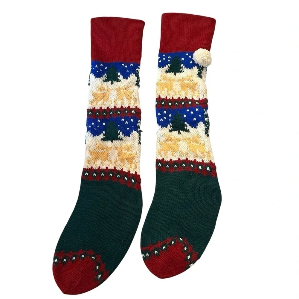 Christmas Knit Reindeer & Christmas Tree Red Green & Gold Pair of Stockings